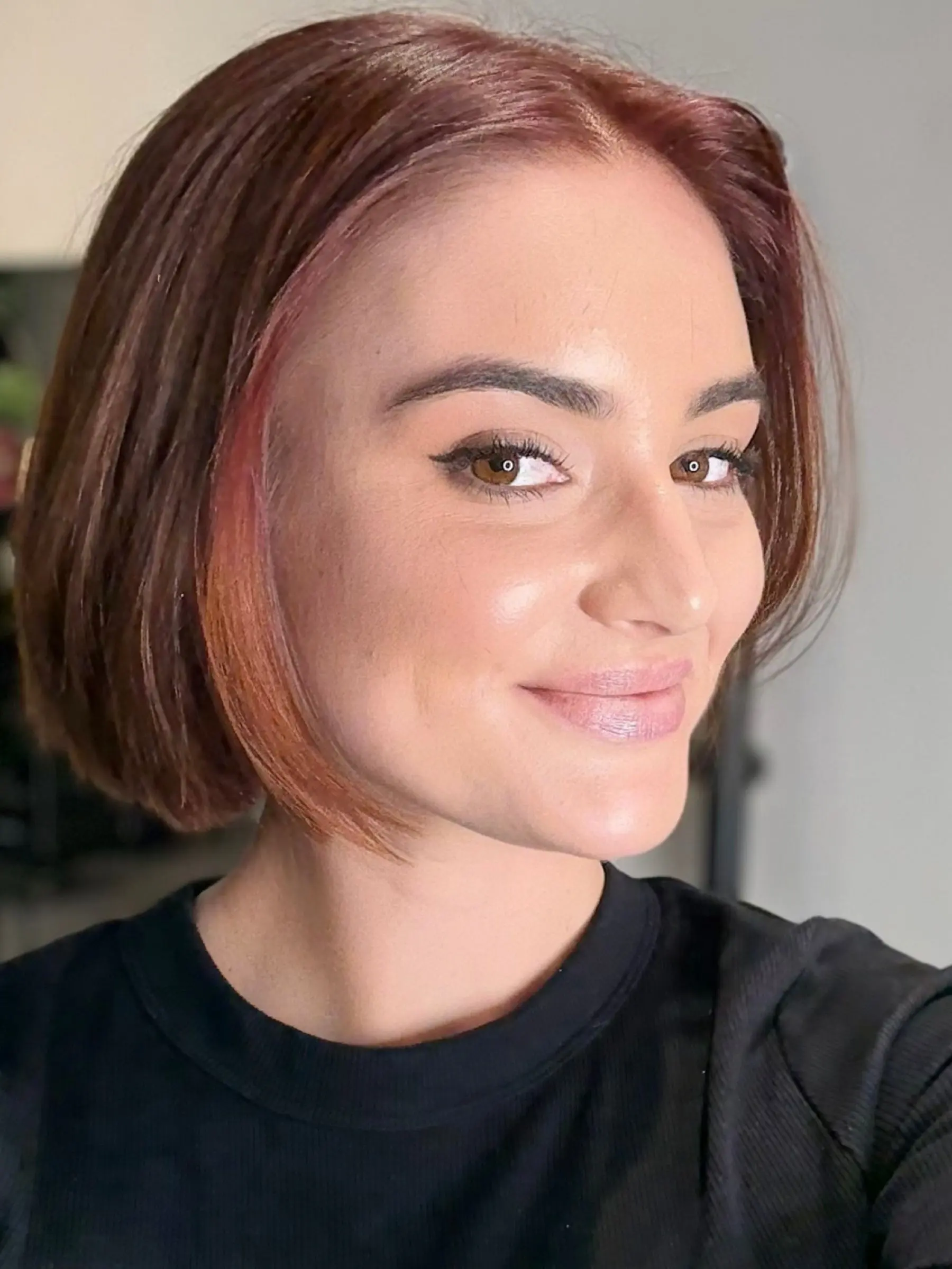 Precision cut copper bob with a sharp blunt line, cut at Erin Morgan Hair Subiaco